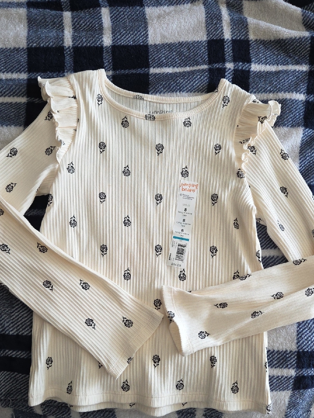 jumping beans Cream Long Sleeve Top with Black Floral Print and Ruffle Shoulders